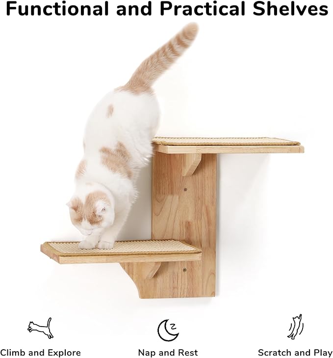 FUKUMARU Cat Wall Shelves, 2 Platform Kitten Wall Furniture, Tree Shape Wall-Mounted Floating Shelf with Sisal Mat, Solid Rubber Wood Cats Perch for 16 Inch Drywall, Suitable for Climb, Play, Nap-PawvioPets