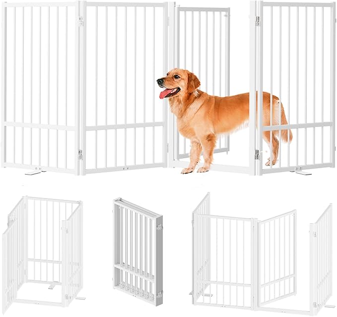 Full Metal Freestanding Dog Gate with Door, 32''Height Foldable Pet Dog Fence for Indoor & Outdoor, 4 Panels Extra Wide Free Standing TallDog Gates for Doorways,House,Stairs,Porch,Deck,Yard-PawvioPets