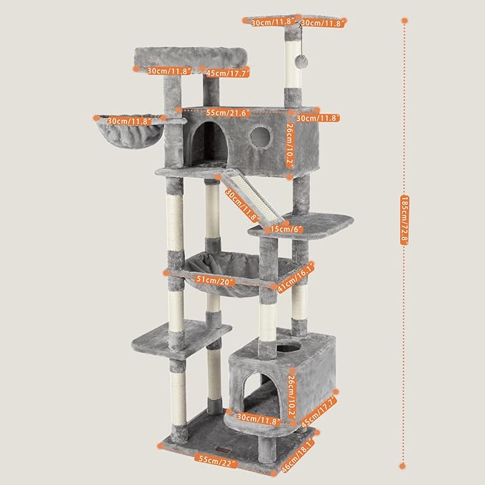 73 inches Large Cat Tree for Indoor Cats, Tall Cat Tower with Sisal Scratching Posts and Pads, Padded Plush Perch, Cozy Basket, Plush Condo for Large Cats (Grey)-PawvioPets