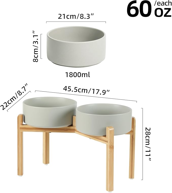 Ceramic Raised Double Bowls Set with Stand, Food & Water Bowls for Large Breed Dogs, Weighted Dog Dishes, Pet Bowl(8.2'',60OZ, Grey)-PawvioPets