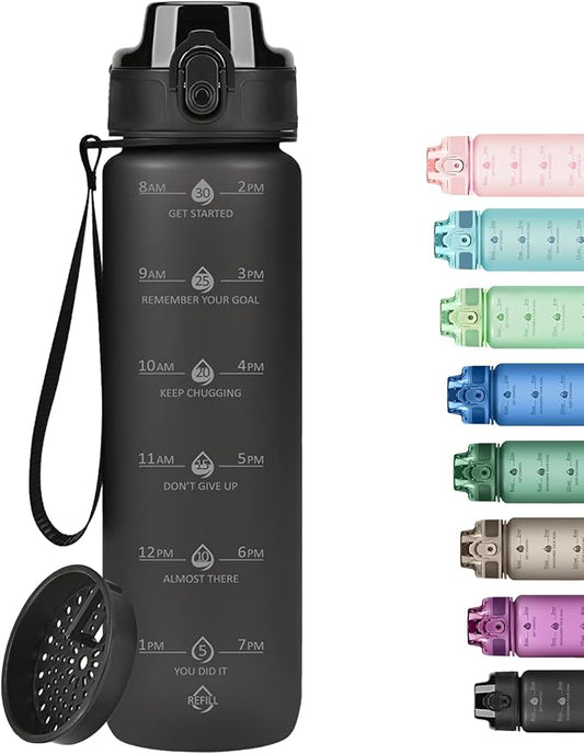 32oz Motivational Water Bottles with Time Marker & Fruit Strainer, Transparent Gradient Color Water Bottle with Times to Drink, Leakproof & BPA Free, Reusable Bottle with Strap (No Straw)-PawvioPets