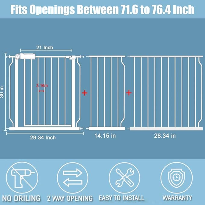Extra Wide Baby Gates 71.5-76.3 Inch White Pressure Mounted Baby Gate Indoor Safety Gates Pressure Mounted Child Gate for Stairs Doorways Hallways-PawvioPets