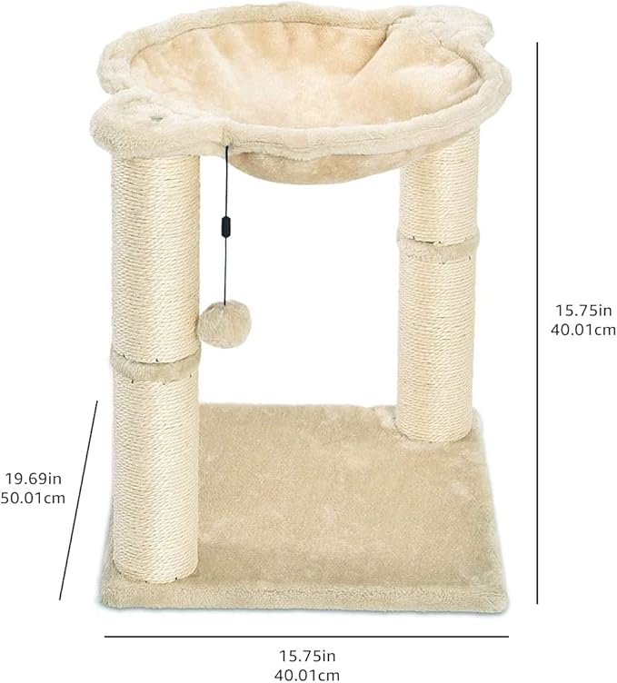 Amazon Basics Cat Condo Tower with Hammock Bed and Scratching Post,Easy to Assemble,Plush Hammock,Interactive Hanging Ball,Durable Sisal Scratch Posts for Indoor Cats, 15.8 x 15.8 x 19.7 Inches, Beige-PawvioPets