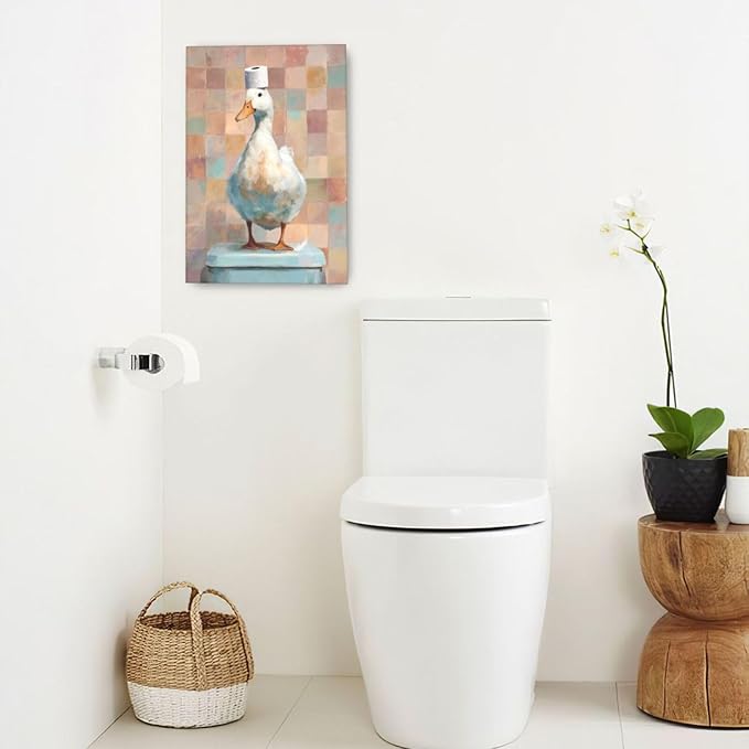 Funny Duck Bathroom Wall Art Cute Duck on Toilet Canvas Wall Decor Funny Quirky Farm Animal Pictures Painting Print Framed Artwork Decorations Gifts for Bathroom 16"x24"-PawvioPets