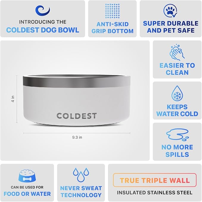 Coldest Dog Bowl - Anti Rust Metal, Non Slip, 3 Layers Insulated Stainless Steel Dog Bowls - Spill Proof & Heavy Duty - Water Bowl for Dogs, Cats & Pets, Dish Washer Safe (100 oz, Epic White)-PawvioPets
