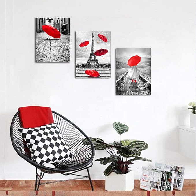 Black and white landscape Eiffel Tower 3 Piece Wall Art for Living Room Bathroom Decorations Kitchen Wall decor modern red umbrella Poster Canvas Print Office Bedroom Home Decoration wall paintings-PawvioPets