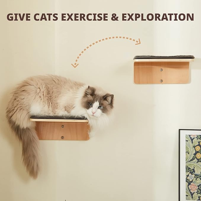 2 Set Cat Wall Steps - Wooden Cat Climbing Shelf for Wall - Cats Wall Stairs with Scratching Mat - Wall Mounted Cats Furniture for Jumping, Playing, and Lounging-PawvioPets