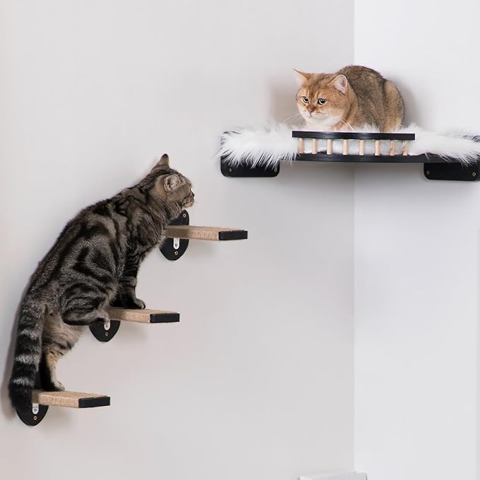 3pcs Wall Steps for Cats, Climbing Mounted Furniture, Shelves With Hemp Rope Covered, Solid Wood Ladder for Playing and Climbing (Large-Black)-PawvioPets