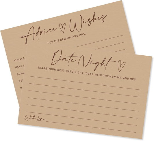 Advice & Wishes Card Set - Minimalism Brown - 15 Advice & Wishes Cards & 15 Date Night Cards Cards For New Couple, Newlyweds, Engagement, Wedding Party Favor & Supplies - B03