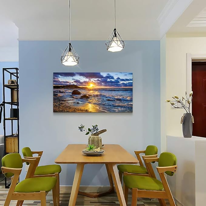 canvas wall art for living room bedroom Wall Decor blue ocean landscape painting Hang Home Decoration office bathroom kitchen sun beach sea golden Waves on the beach canvas art Prints pictures Works-PawvioPets