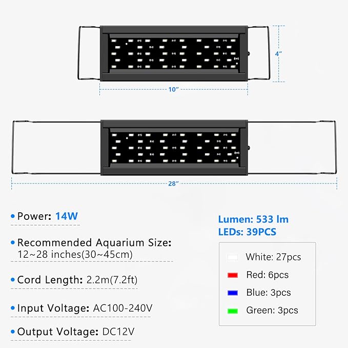 AQQA Full Spectrum Aquarium Light, Fish Tank Lights for Plant Growth Fish Viewing,3 Mode White Blue Red Green LED beads,Timer,Adjustable Brightness,Extendable Brackets for Freshwater 14W for 12-18inch-PawvioPets