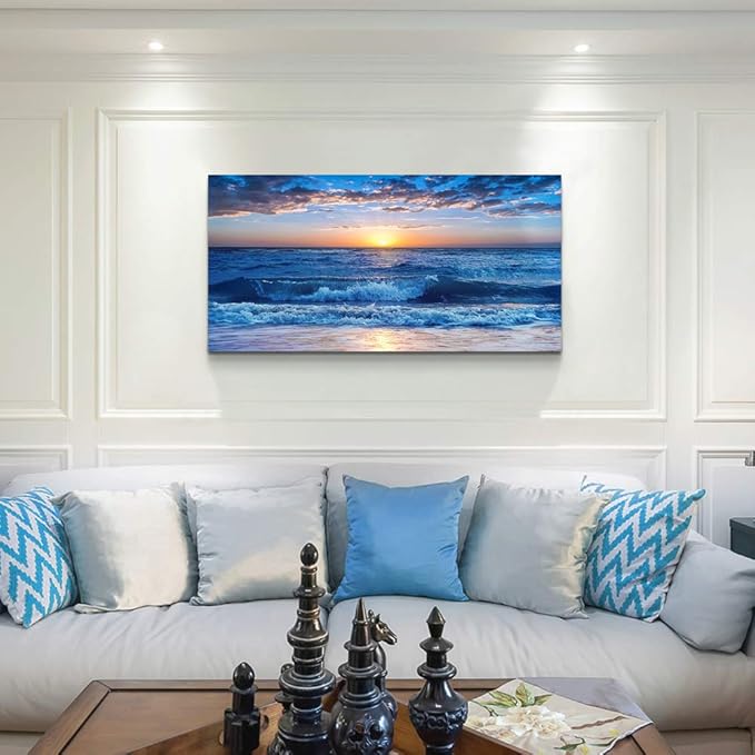 canvas wall art for living room Blue Ocean Sea sun landscape painting bathroom Wall Decor Ready to Hang for Home Decorations office family bedroom kitchen Works canvas Prints pictures 20" x 40"inch-PawvioPets