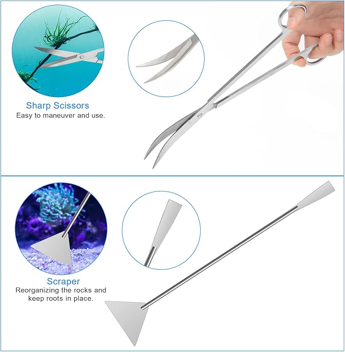Extra Long Aquarium Aquascaping Tools Kit 8 in 1, Liveek Stainless Steel Aquarium Plant Tools Long Fish Tank Aquascape Tweezers Scissors Scrapers, PH Paper, Fish Net, Aquascape Clean Brush, Bag-PawvioPets