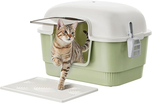 Cat Litter Box with Litter Mat and Scoop,High Wall Enclosed Cat Litter Boxes for Anti-Leakage, Covered Kitty Litter Box with Handle and Buckles for Portability and Privacy, Odor Control (Green)-PawvioPets