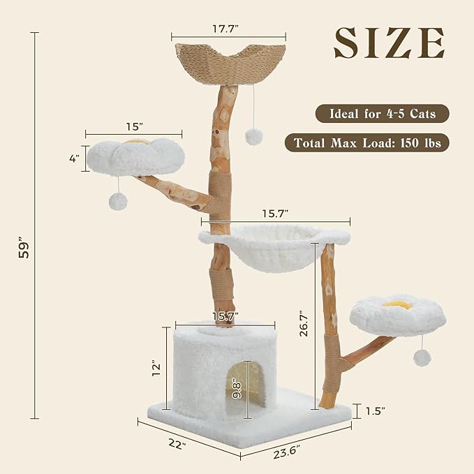 59" Modern Cat Tree Tower for Large Cats w/2 Flower Perches-Natural Solid Wood Scratching Post with Real Branch-Luxury Boho Cat Furniture w/Condo & Wicker Basket Bed, Cloud White-PawvioPets