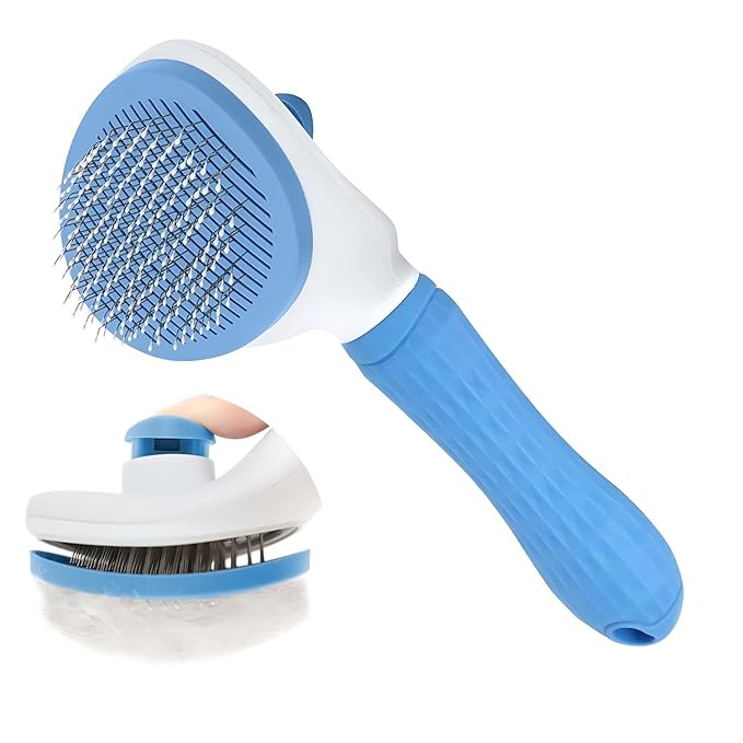 Cat Hair Brush, Cat Brush for Shedding with Metal Comb, Self Cleaning Pet Hair Brush with Release Button - Skin Friendly Deshedding Grooming Brush for Short and Long Haired Cats-PawvioPets
