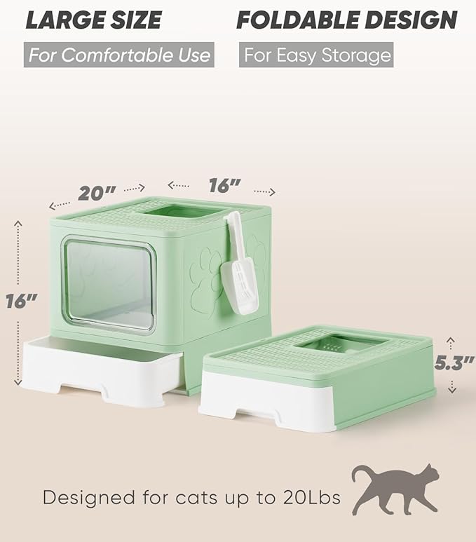 Enclosed Cat Litter Box, Large Litter Box for Big Cats, Covered Kitty Litter Boxes with Lid, Top Entry Cat Box Enclosure with Scoop, Odor Control, Easy to Clean(Green)-PawvioPets