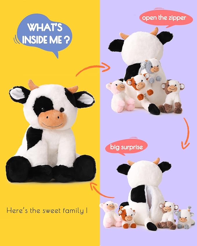 5 Pieces Cow Stuffed Animals for Boys Girls, 1 Mommy Cow with 4 Babies Soft Plush Toy Set Gifts for Kids Children 3 4 5 6 7 8 9 Years, Christmas, Birthday, Party Decorations-PawvioPets