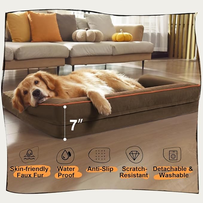 Dog Bed Medium Size Dog-Orthopedic Waterproof Bed for Dogs,Foam Couch Sofa with Washable Removable Cover & Non-Slip Bottom-Brown-PawvioPets