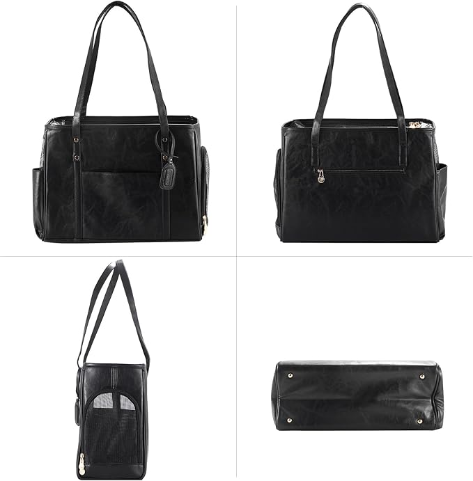 Fashion Dog Carrier Purse, Premium Leather Cat Carrier Bag, Airline Approved Soft Sided Pet Travel Tote Bag with Pockets Black-PawvioPets