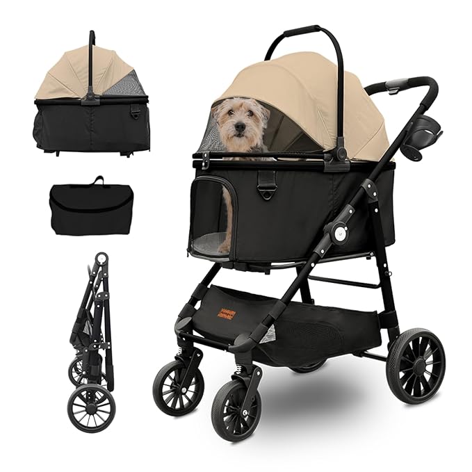 Dog Cat Stroller, Foldable 4 Wheels Dog Stroller for Small Medium Dogs 20 lbs,Pet Strollers for Large Dogs 50lbs, Stable Anti-Shock Detachble Carrier,with 360°Swiveling Front Wheel forTravel-PawvioPets