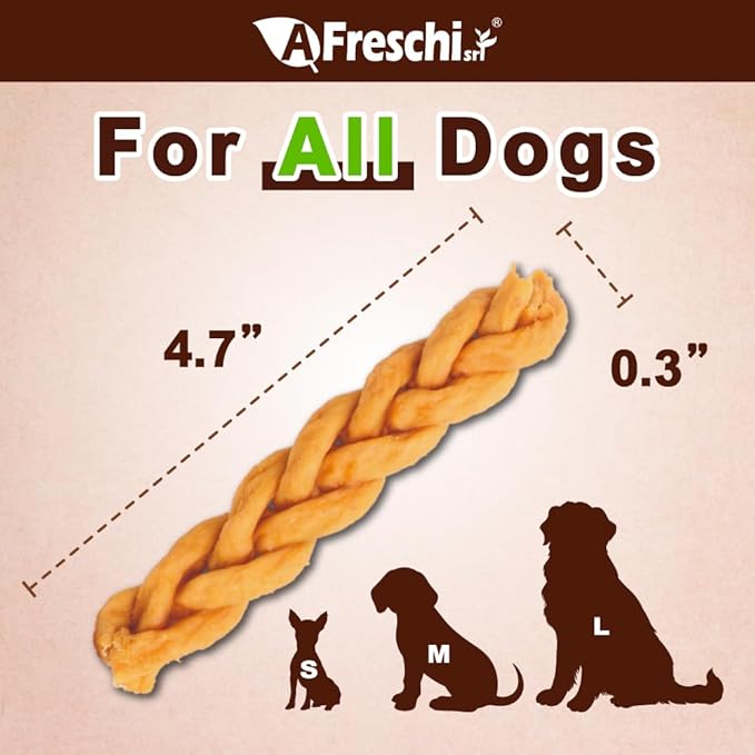 Afreschi Turkey Tendon Braided Stick 3.5 oz, Dog Treats for Classic Series, All Natural Human Grade Dog Treat, Suitable for Training chew, USA-Sourced Turkey Tendon, Rawhide Alternative-PawvioPets