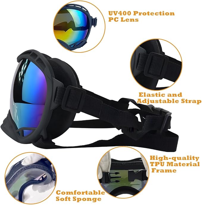 Dog Goggles for Large Breeds Anti-UV Sunglasses for Medium to Large Dogs, Windproof, Dustproof, Snowproof Eye Protection, Soft Frame Pet Goggles for Outdoor Activities (Colored Lens)-PawvioPets