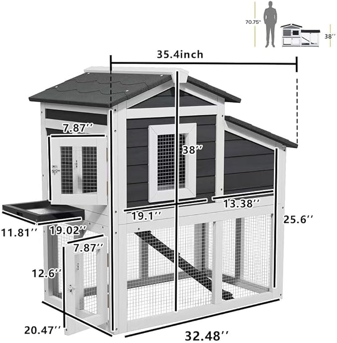 Bunny Cage Premium Rabbit Hutch with Leak-Proof Roof, 2-Story Bunny House for Guinea Pigs & Hamster,Wooden Chicken House with Deep Pull-Out Tray, Waterproof Chicken Coop for Outside (Grey)-PawvioPets