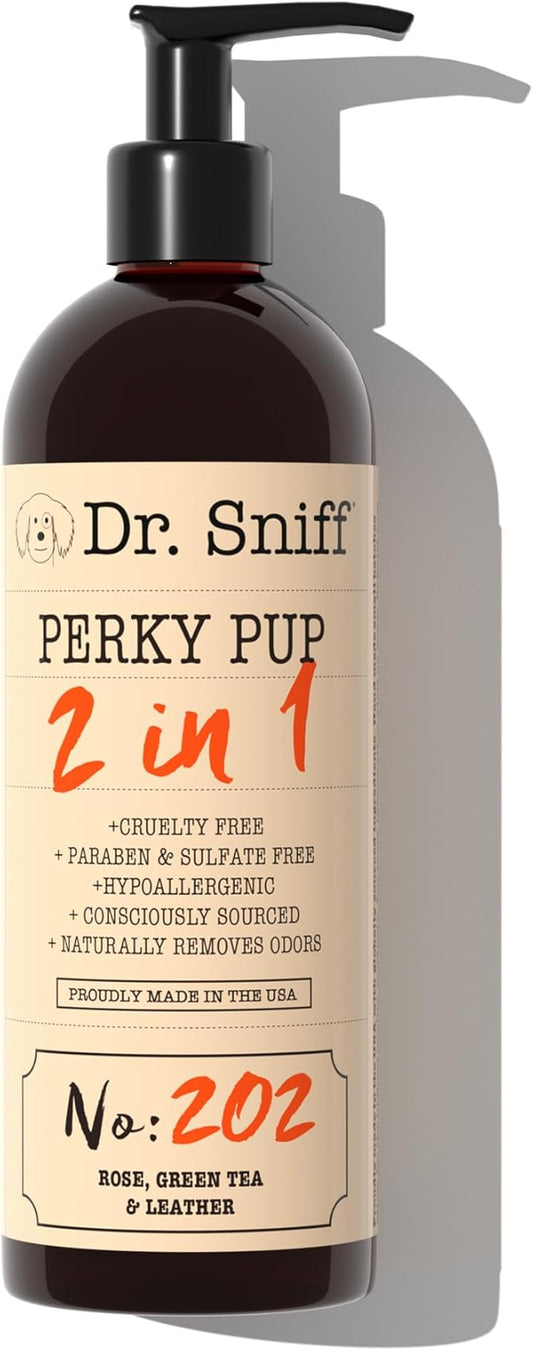 Dr. Sniff 2-in-1 Pet Shampoo & Conditioner, Ultimate Grooming Treatment for Dog & Cat Hair, Freshens Scent, Made in The USA, Perky Pup Scent, 16 Oz-PawvioPets