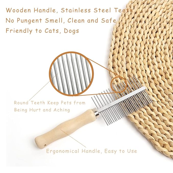 Dog Cat Pet Comb Double-Sided Grooming Brush Metal Comb for Loosening up Removing Mats Debris Tangles and Knots Wooden Handle Stainless Steel Tooth Perfect for Honghair Pets-PawvioPets