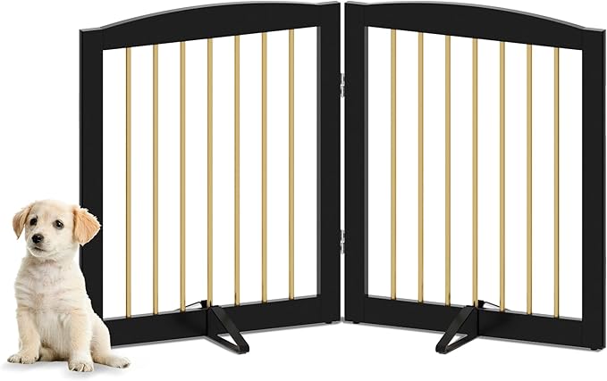 Freestanding Pet Gate for Dogs, Foldable Wooden Dog Gate for House, Stairs, Doorways, Step Over Pet Puppy Safety Fence,Support Feet Included,24" Height 2 Panels, Black&Gold-PawvioPets
