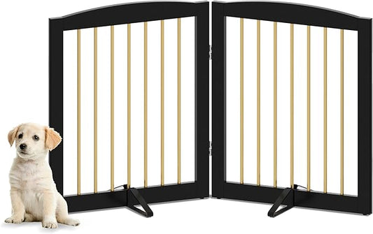 Freestanding Pet Gate for Dogs, Foldable Wooden Dog Gate for House, Stairs, Doorways, Step Over Pet Puppy Safety Fence,Support Feet Included,24" Height 2 Panels, Black&Gold-PawvioPets