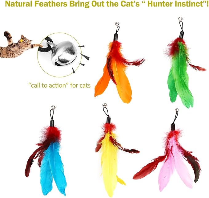 11PCS Cat Feather Toys Refills, 10PCS Feathers and 1PC String, Interactive Cat Wand Toy Replacement for Bored Indoor Adult Cats & Kittens-PawvioPets