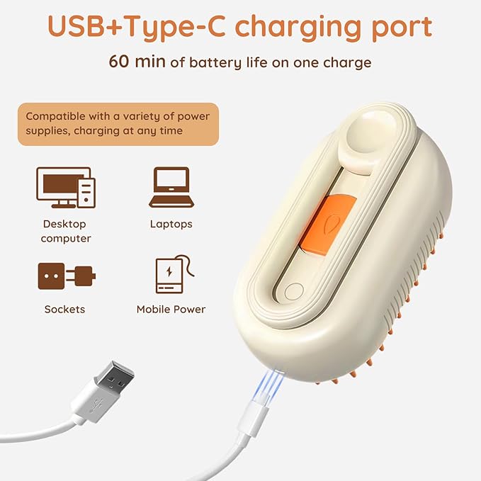 GKZ Cat Steam Brush, 3 in 1 Pet Comb for Massage, Cleaning, Shedding and Combing, Electric Mist to Prevent Flyaways for Home, Dogs and Cat Lovers - Khaki-PawvioPets