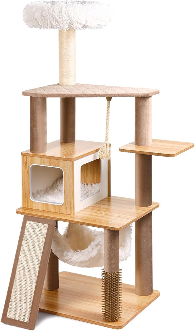 61" Wooden Cat Tree Tower for Indoor Cats, Luxury Modern Wooden Tower with XL Plush Lounge, Hammock & Scratching Posts for Maine Coon 20 lbs-PawvioPets
