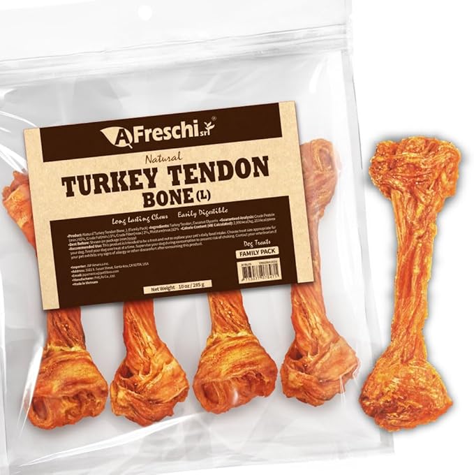 Afreschi Natural Turkey Tendon Bone (L) 10 oz, USA-Sourced Turkey Tendon, All Natural Puppy Chew, Hypoallergenic, Rawhide Alternative, for Large Breeds-PawvioPets