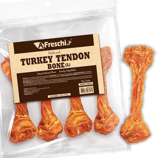 Afreschi Natural Turkey Tendon Bone (L) 10 oz, USA-Sourced Turkey Tendon, All Natural Puppy Chew, Hypoallergenic, Rawhide Alternative, for Large Breeds-PawvioPets