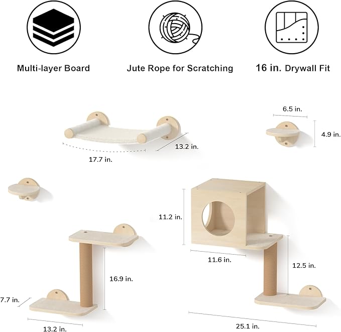 FUKUMARU Cat Wall Shelves, 5-Piece Stable Wooden Wall-Mounted Furniture Set, Kitty Climber with Hammock, House, Steps, Scratching Post (Beige)-PawvioPets