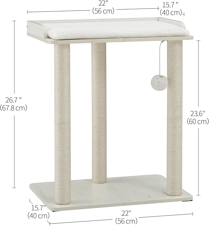 FourFurPets 26.7in Large Cat Tree Tower Condo, Cat Scratch Posts for Indoor Cats, Big Plate, Three 23.6in Full Sisal Scratching Posts, White-PawvioPets