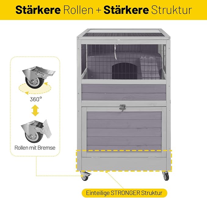 Aivituvin Rabbit Hutch Rabbit Cage Outdoor & Indoor on Wheels Bunny cage with Deep No Leak Pull Out Tray,Upgrade Version (Gray)-PawvioPets