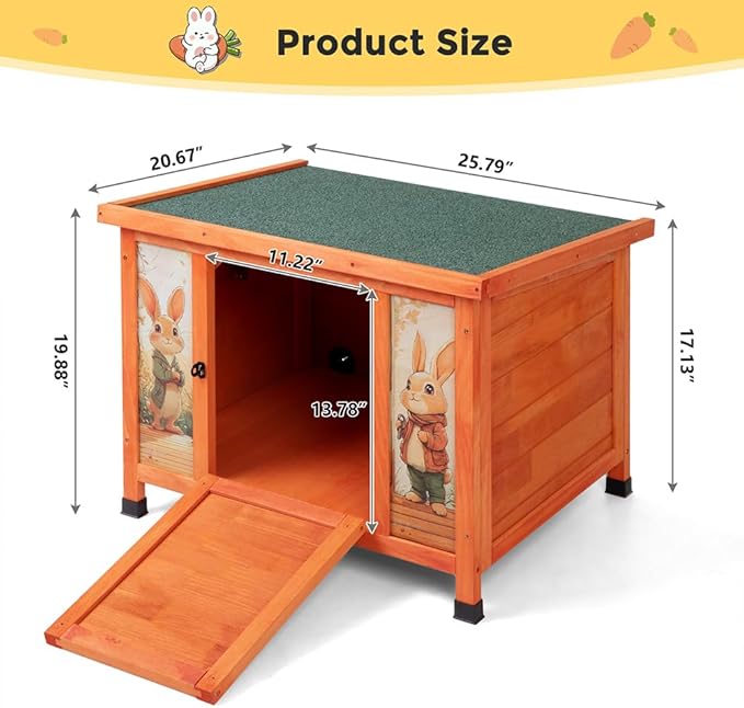 COZIWOW 24in Wooden Cat House Outdoor & Indoor Pet Shelter with Foldable Ramp - Weatherproof Rabbit Hutch with Unique Machine-Printed Art Designs for Cat, Rabbit, Guinea Pig (Orange)-PawvioPets