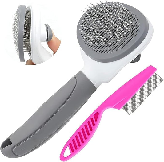 Cat Brushes for Indoor Cats, Dog Brush for Shedding with Metal Cat Comb, Self Cleaning Pet Hair Brush with Release Button for Grooming Kitten(Dark Grey)-PawvioPets