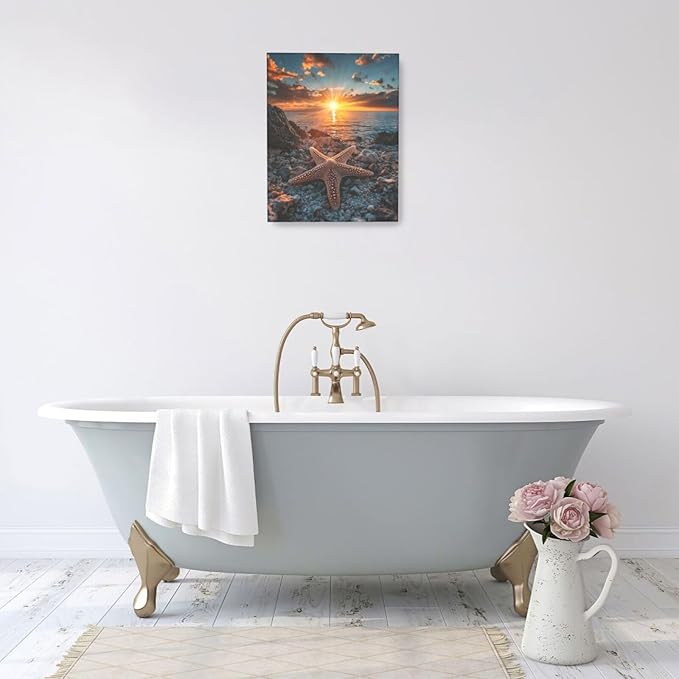 Beach Starfish Wall Decor Ocean Starfish Wall Art Sunset Scenery Coastal Theme Pictures Canvas Nature Seascape Painting Print Framed Artwork Decorations for Home Bathroom Living Room Bedroom Office 16"x20"-PawvioPets