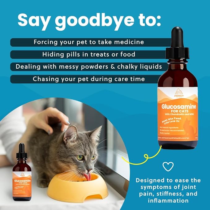100% Natural Liquid Glucosamine Chondroitin with MSM for Cats, Hip & Joint Supplement for Senior Felines, Arthritis Support & Mobility Booster Glucosamine Drops, 2 Oz-PawvioPets