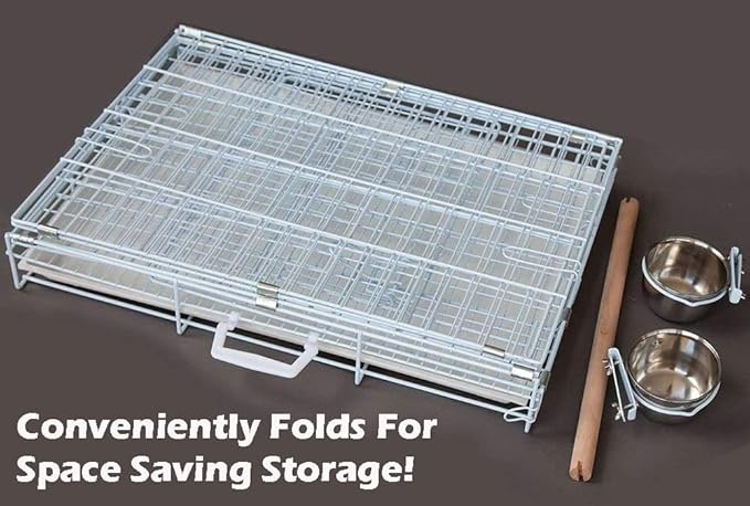 Durable Easy Portable Metal Travel or Veterinary Collapsable Parrot Bird Carrier Beaks Proof Cage with Stainless Steel Feeder Bowls Natural Wooden Perch Stand-PawvioPets