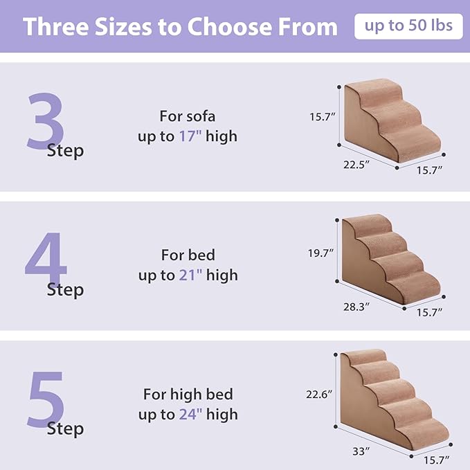 Dog Stairs for Small Dogs, 3-Steps Dog Ramp for Bed and Couch, Pet Stairs with Highly Supportive Foam and Non-Slip Bottom, Pet Steps for Cat & Doggie (High 15.7 Inch)-PawvioPets