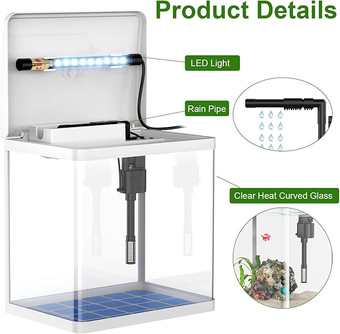 2 Gallon Glass Betta Fish Tank，Small Fish Tank with Filter and Light,Self-Cleaning Fish Tank.-PawvioPets