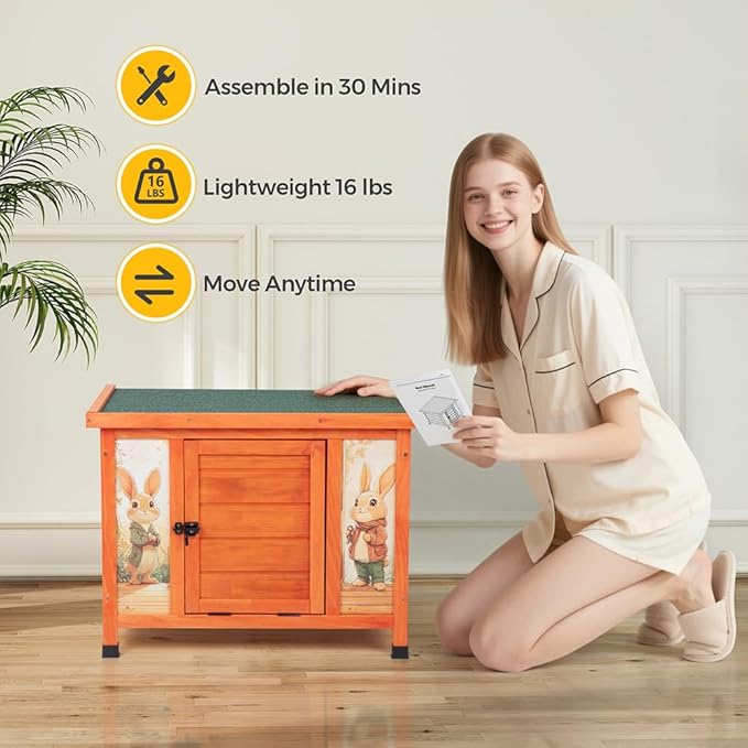 COZIWOW 24in Wooden Cat House Outdoor & Indoor Pet Shelter with Foldable Ramp - Weatherproof Rabbit Hutch with Unique Machine-Printed Art Designs for Cat, Rabbit, Guinea Pig (Orange)-PawvioPets