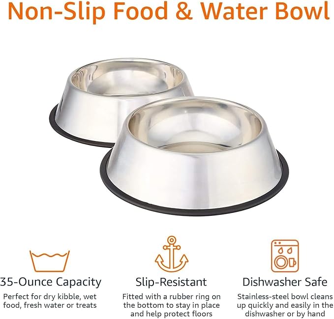Amazon Basics Stainless Steel Non-Skid Pet Dog Water And Food Bowl, 2-Pack (10 x 2.8 Inches), Each Holds Up to 4 Cups-PawvioPets