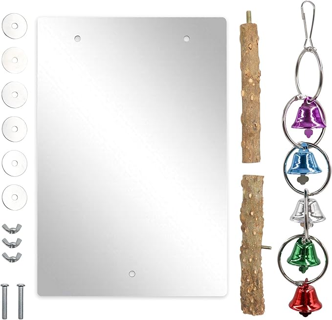 Bird Mirror Toy with Perch Stand, Parrot Parakeet Mirror with Bird Swing Bell Toys, Bird Cage Accessories, Suitable for Parakeet Cockatiel Conure Lovebirds - 7.9 × 6.3 Inch-PawvioPets